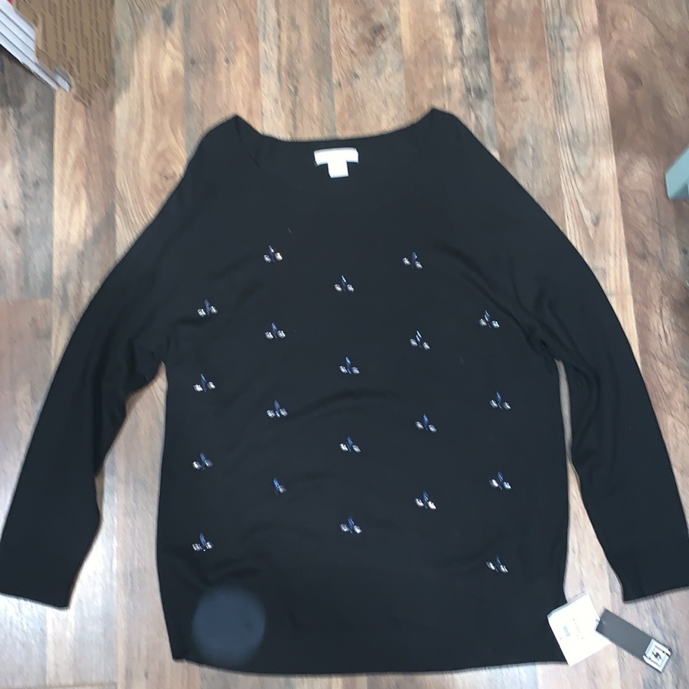 Liz Claiborne Black Sweater adorned with blue and clear crystals. Size XL